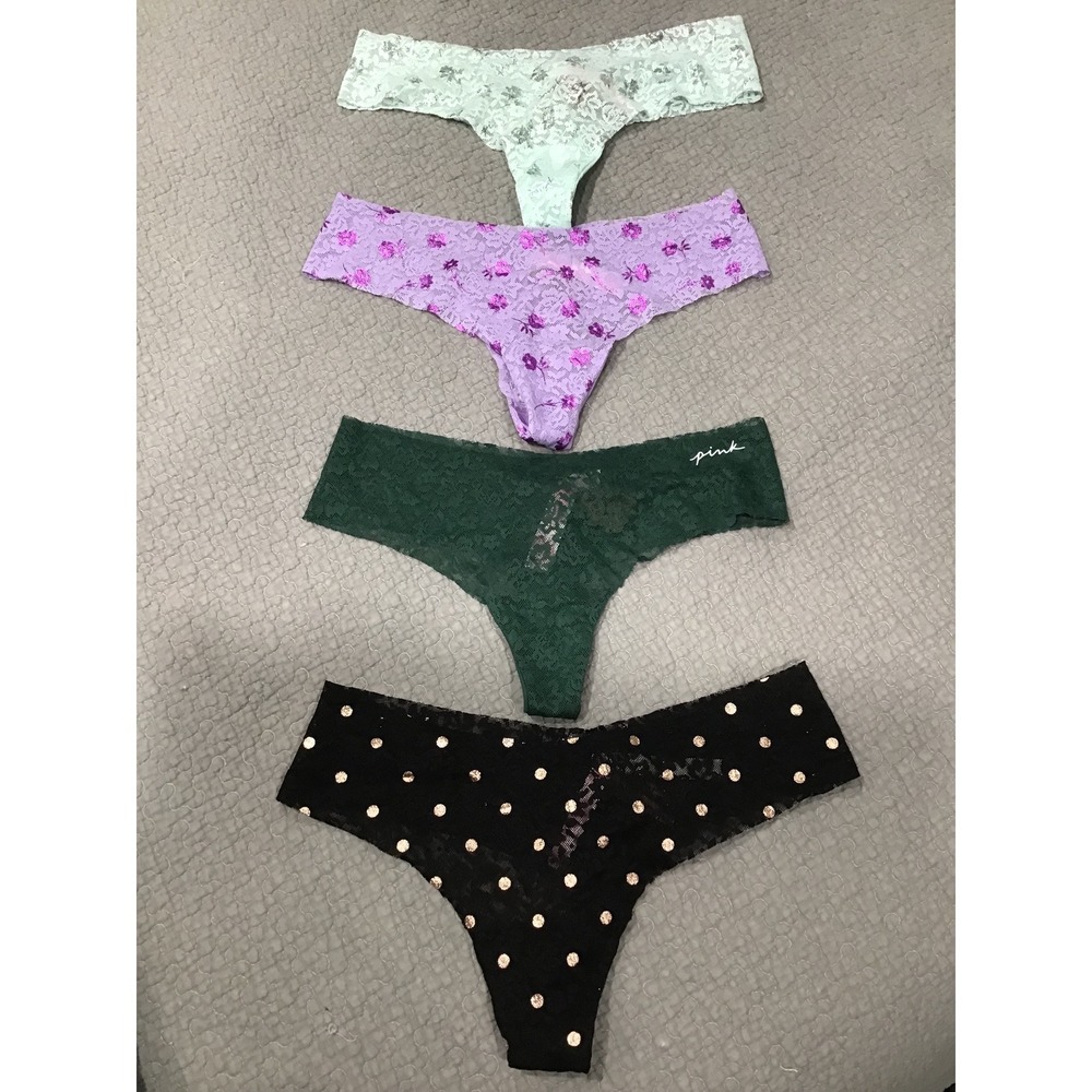 NWT Victoria's Secret PINK Lace Thong Panty Bundle Lot of 4 Floral Polka Dot S